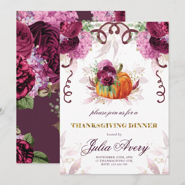 Thanksgiving Dinner Elegant Autumn Burgundy Invitation (Front/Back)