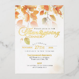 Thanksgiving Dinner Elegant Fall Leaves Gold Foil Invitation
