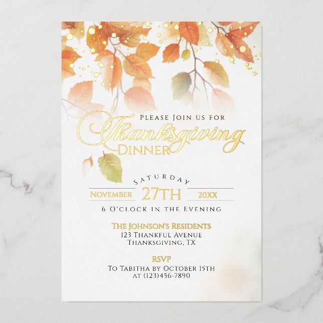 Thanksgiving Dinner Elegant Fall Leaves Gold Foil Invitation (Front)