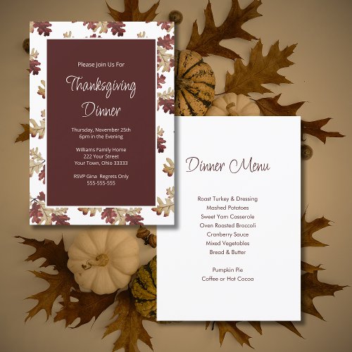 Thanksgiving Dinner Fall Foliage Rustic Burgundy  Invitation