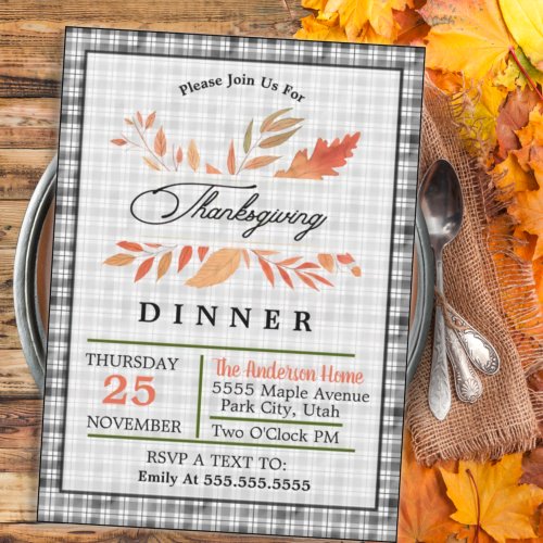 Thanksgiving Dinner _ Fall Leaves _ Plaid Invitation