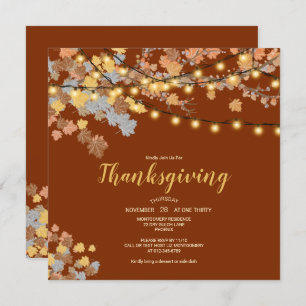 Thanksgiving Dinner Fall Leaves Vintage Lights Invitation