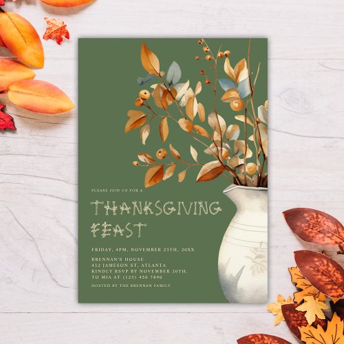 Thanksgiving Dinner Fall Olive Green Friendsgiving Invitation