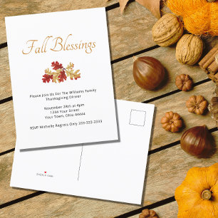 Thanksgiving Dinner Fall Rustic Gold Red Leaves Invitation Postcard
