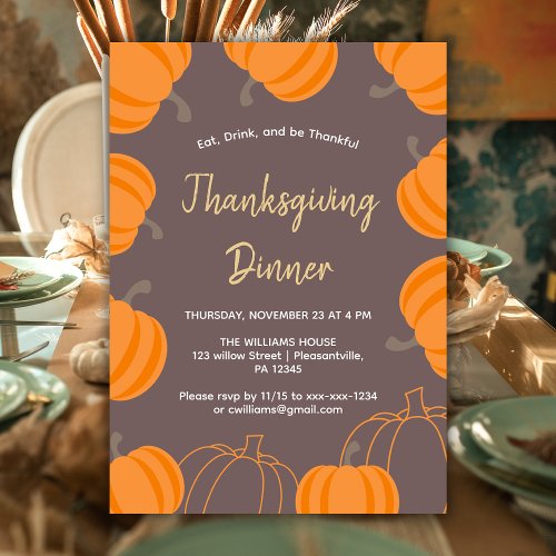 Thanksgiving Dinner Fall Watercolor Pumpkin Invitation