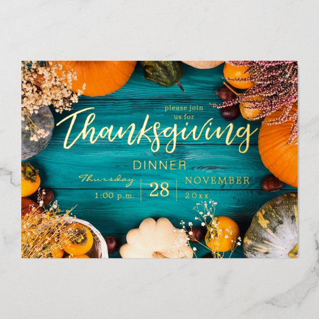 Thanksgiving Dinner Feast Blue Pumpkin  Foil Invitation (Front)