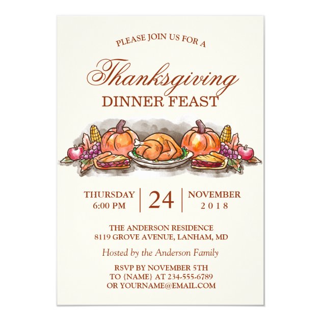 Thanksgiving Dinner Feast With Turkey Pumpkin Card