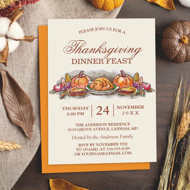 Thanksgiving Dinner Feast with Turkey Pumpkin Invitation | Zazzle