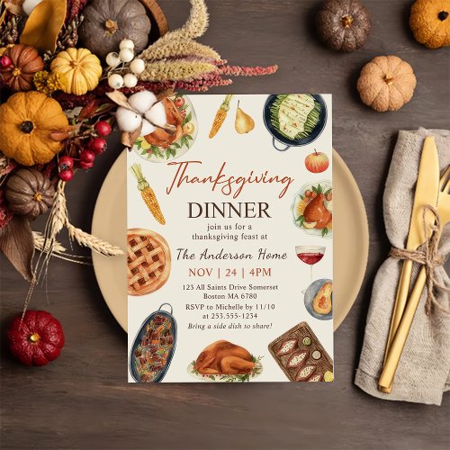 Thanksgiving Dinner Feast with Turkey Pumpkin Invitation