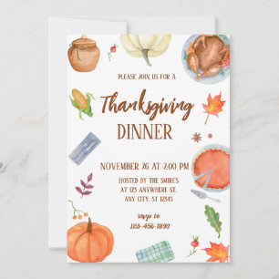 Thanksgiving Dinner Feast with Turkey Pumpkin Invitation