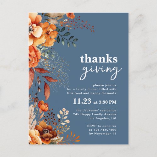 Thanksgiving dinner floral blue invitation  postcard