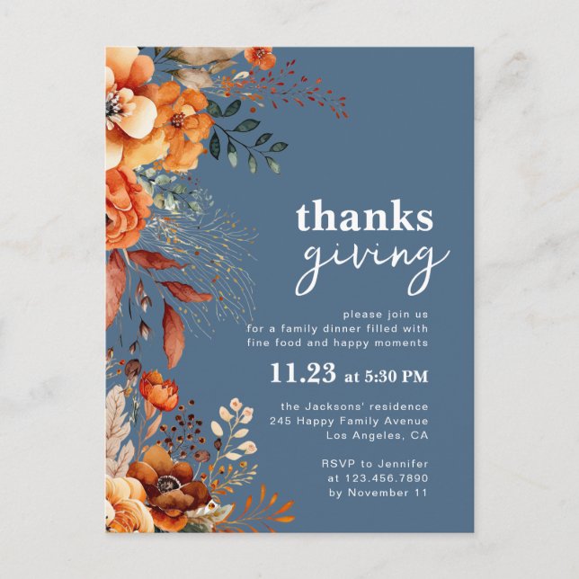 Thanksgiving dinner floral blue invitation  postcard (Front)