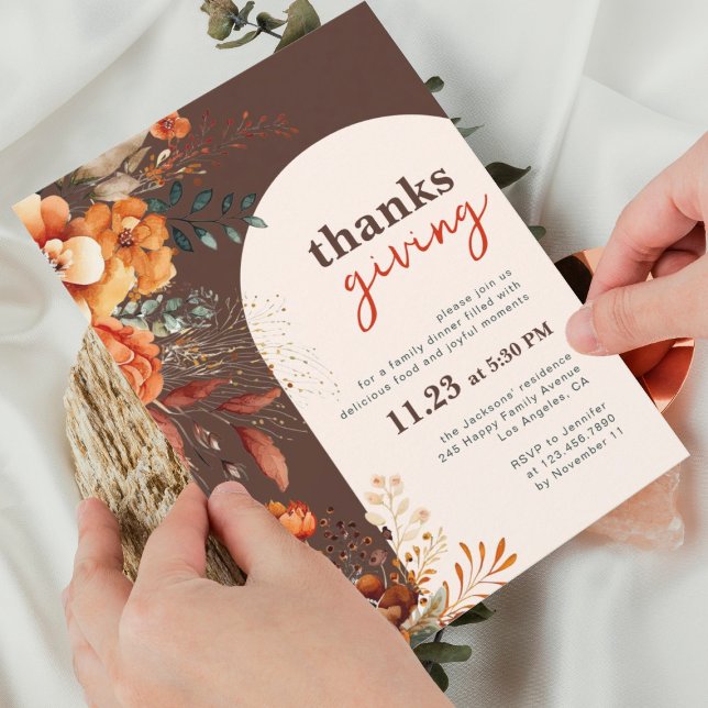 Thanksgiving dinner floral brown invitation (Creator Uploaded)