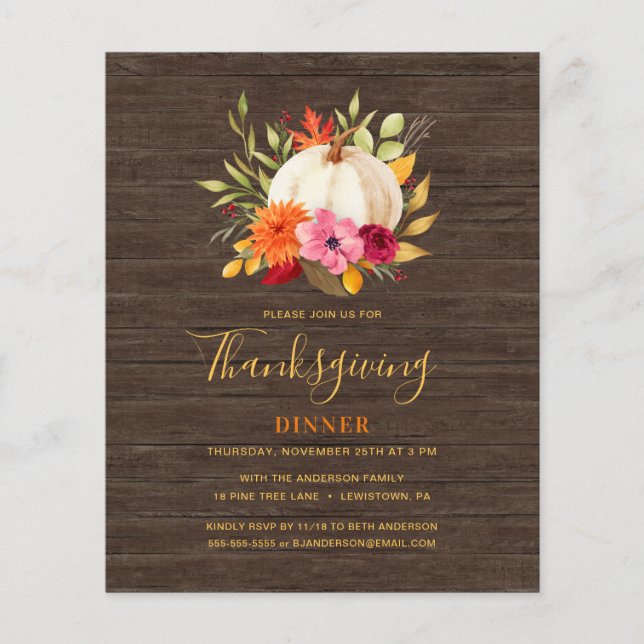 THANKSGIVING DINNER FLORAL PUMPKIN BUDGET INVITE (Front)