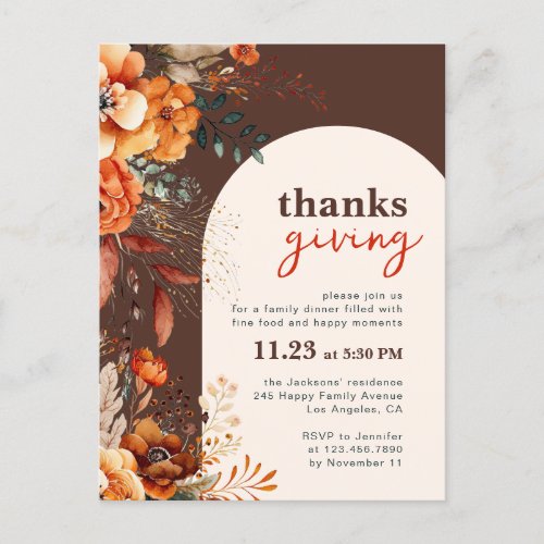 Thanksgiving dinner floral white arch invitation  postcard