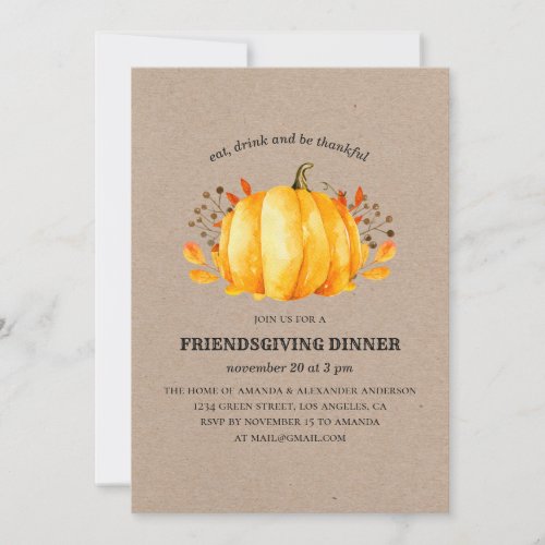 Thanksgiving dinner Friendsgiving rustic pumpkin Invitation