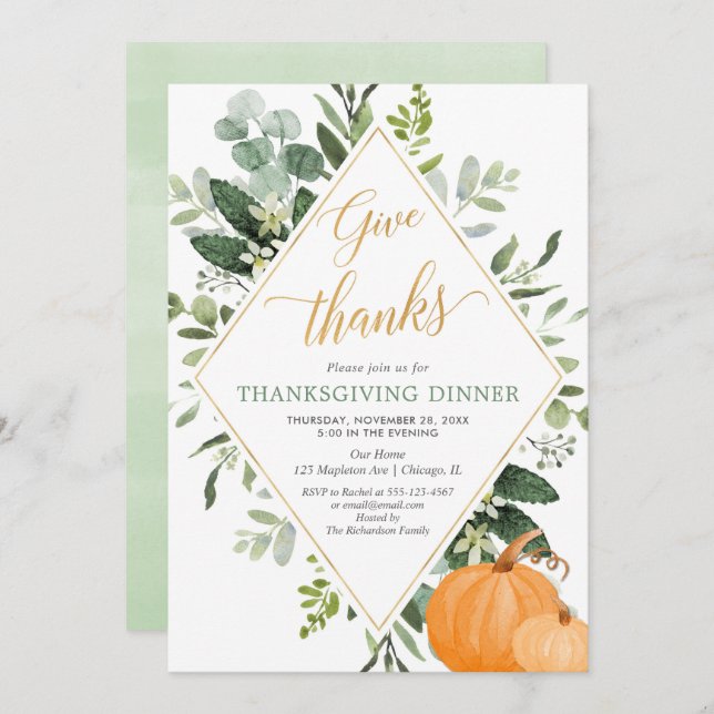 Thanksgiving Dinner greenery green leaves gold Invitation (Front/Back)