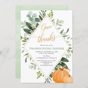 Thanksgiving Dinner greenery green leaves gold Invitation