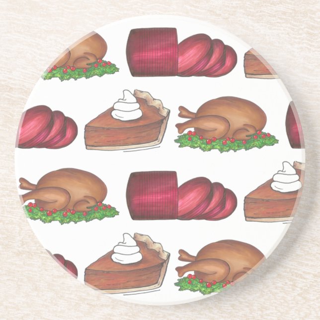 Thanksgiving Dinner Holiday Cranberry Turkey Pie Drink Coaster (Front)
