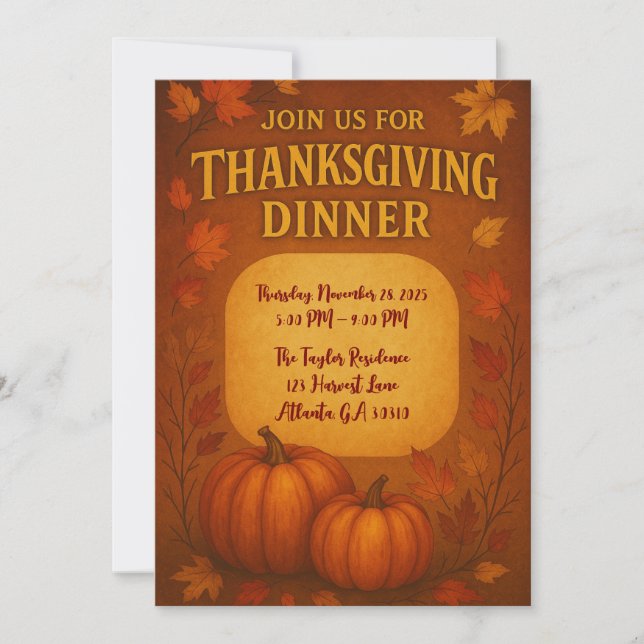 Thanksgiving Dinner Invitation | Autumn Leaves & P (Front)