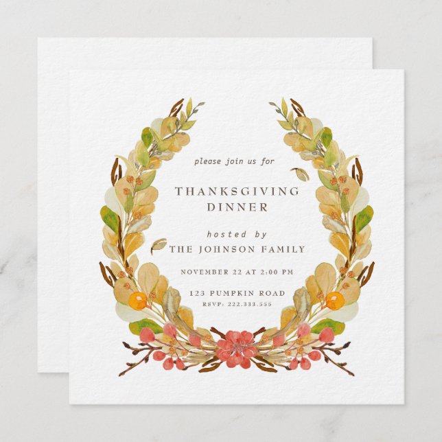 Thanksgiving Dinner Invitation Floral Wreath (Front/Back)