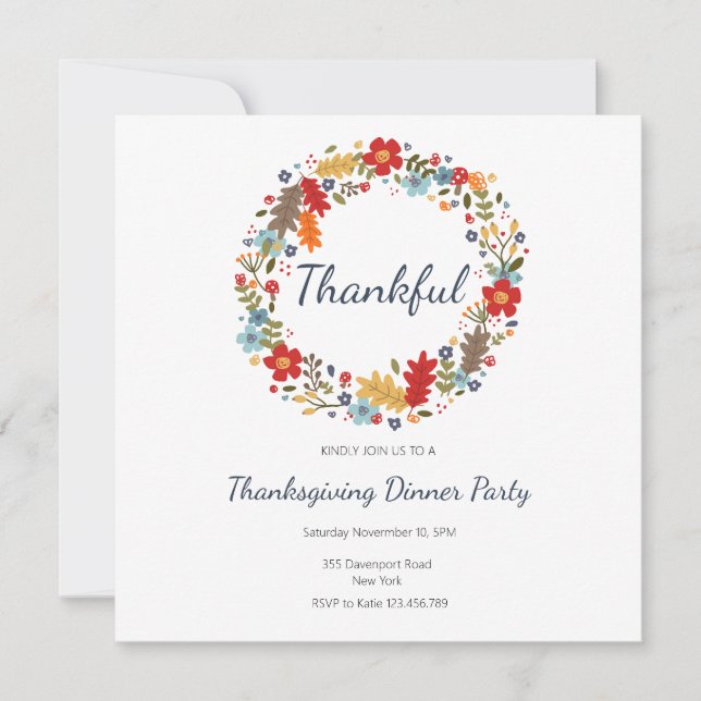 Thanksgiving Dinner Invitation Thankful Wreath (Front)