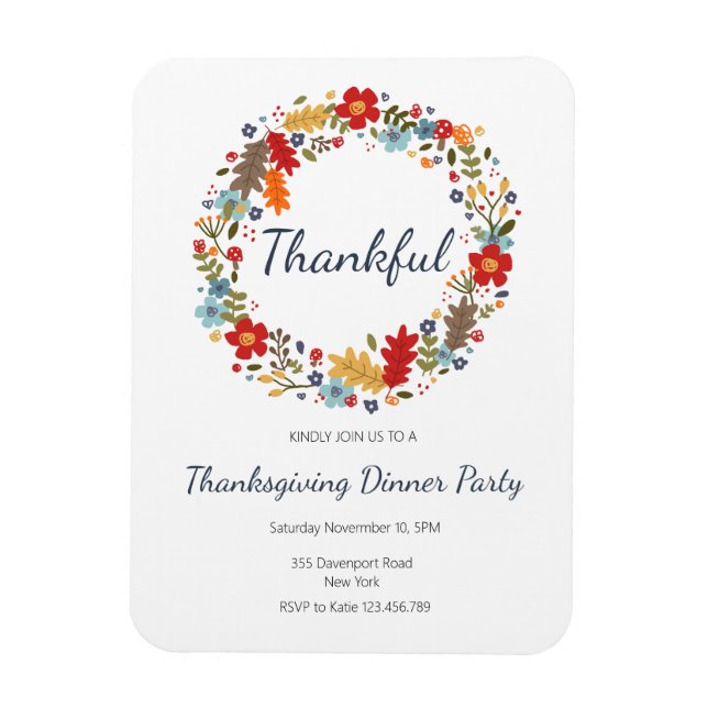 Thanksgiving Dinner Invitation Thankful Wreath Magnet (Vertical)