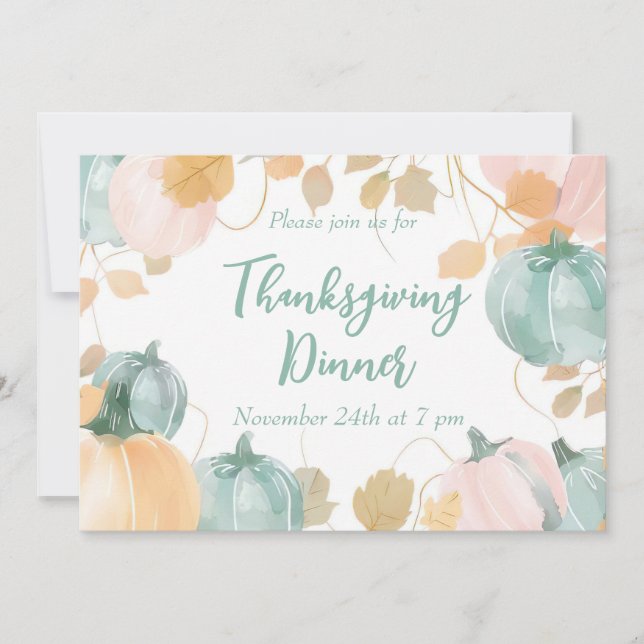 Thanksgiving Dinner Invitation Watercolor Pumpkin (Front)