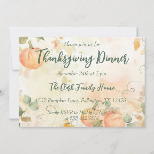 Thanksgiving Dinner Invitation Watercolor Pumpkin