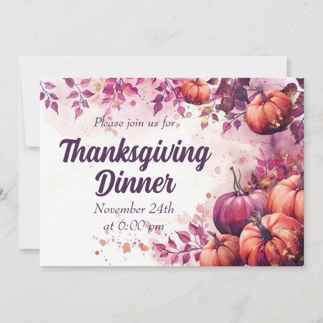 Thanksgiving Dinner Invitation Watercolor Pumpkins (Front)