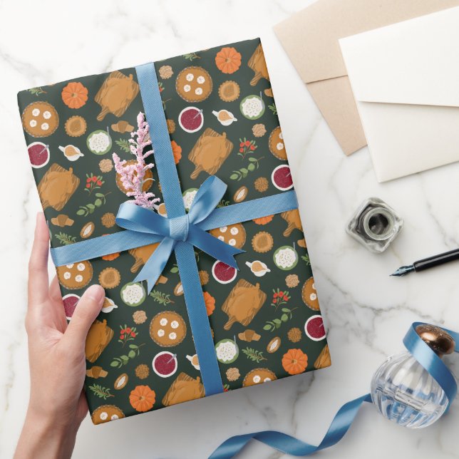 Thanksgiving Dinner Meal Pattern Green Wrapping Paper (Gifting)