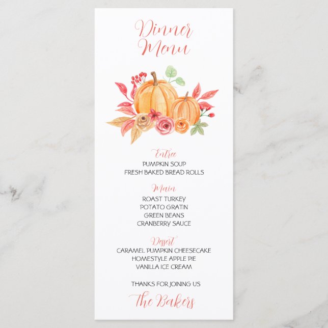 Thanksgiving Dinner Menu Floral Pumpkin (Front)