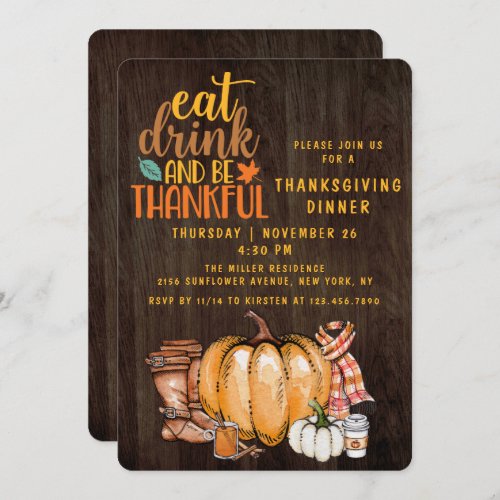 Thanksgiving Dinner Modern Fall Watercolor Pumpkin Invitation