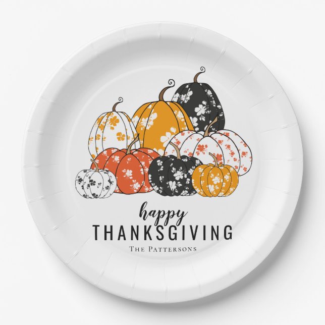 Thanksgiving Dinner Modern Floral Pumpkins Paper Plates (Front)