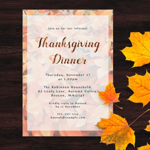 Thanksgiving Dinner Orange Autumn Leaves Invitation