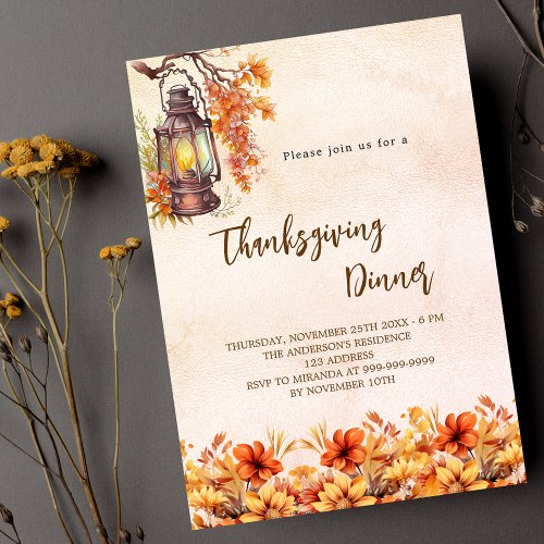 Thanksgiving dinner orange flowers vintage luxury invitation