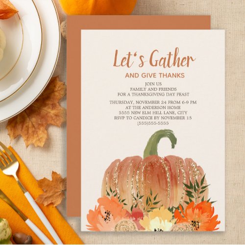 Thanksgiving Dinner Orange Pumpkins Gold Green Invitation