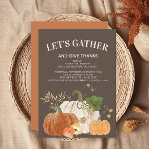 Thanksgiving Dinner Orange White Pumpkins Brown  Invitation