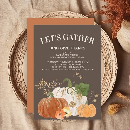 Thanksgiving Dinner Orange White Pumpkins Brown  Invitation