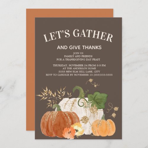 Thanksgiving Dinner Orange White Pumpkins Brown  Invitation