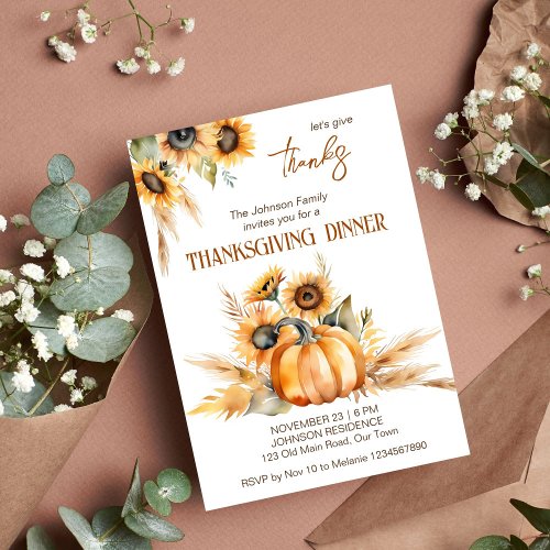 Thanksgiving dinner party boho pumpkin sunflowers invitation
