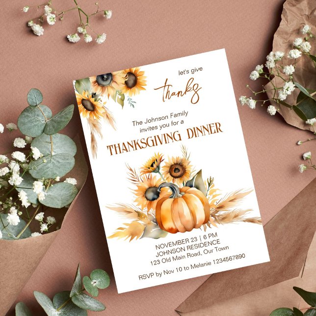 Thanksgiving dinner party boho pumpkin sunflowers invitation (Thanksgiving dinner party boho template invitation digital download watercolor pumpkin sunflowers)