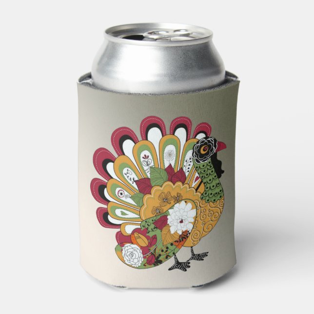 Thanksgiving Dinner Party Colorful Floral Turkey Can Cooler (Can Front)