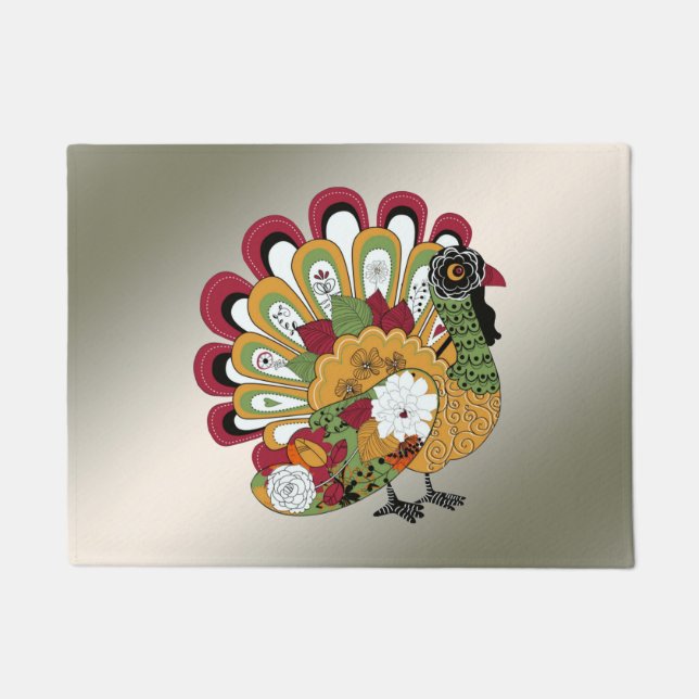 Thanksgiving Dinner Party Colorful Floral Turkey Doormat (Front)