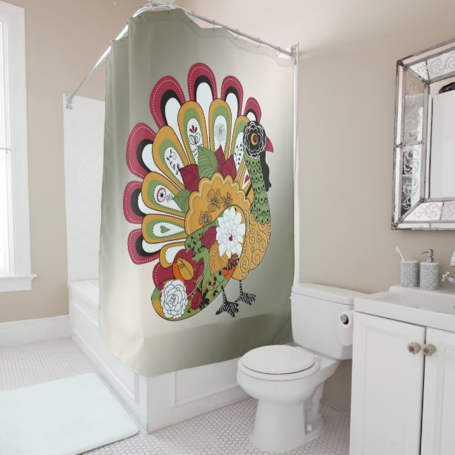 Thanksgiving Dinner Party Colorful Floral Turkey Shower Curtain (In Situ)