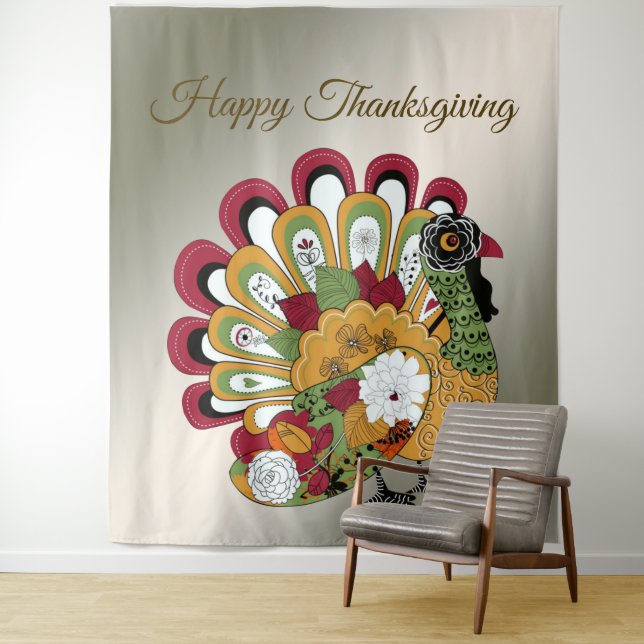 Thanksgiving Dinner Party Colorful Floral Turkey Tapestry (In Situ)