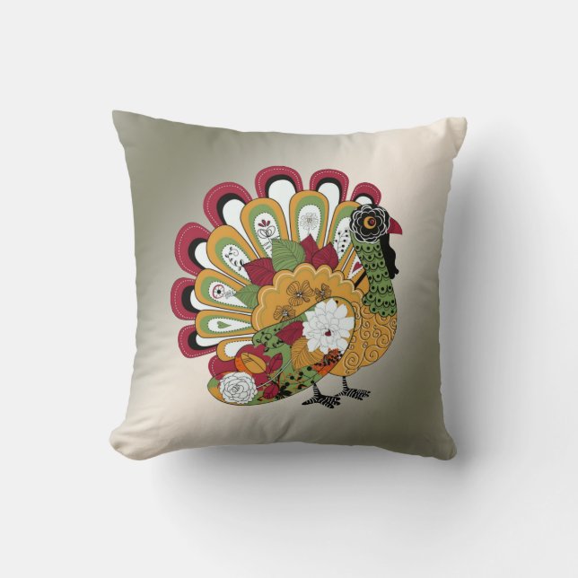 Thanksgiving Dinner Party Colorful Floral Turkey Throw Pillow (Front)