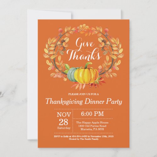 Thanksgiving Dinner Party Fall Autumn Orange Invitation