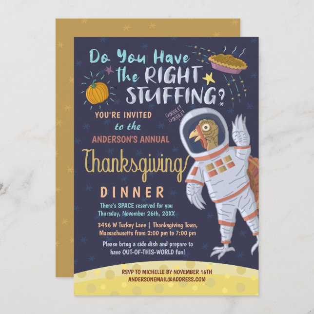 Thanksgiving Dinner Party Funny Astronaut Turkey Invitation (Front/Back)