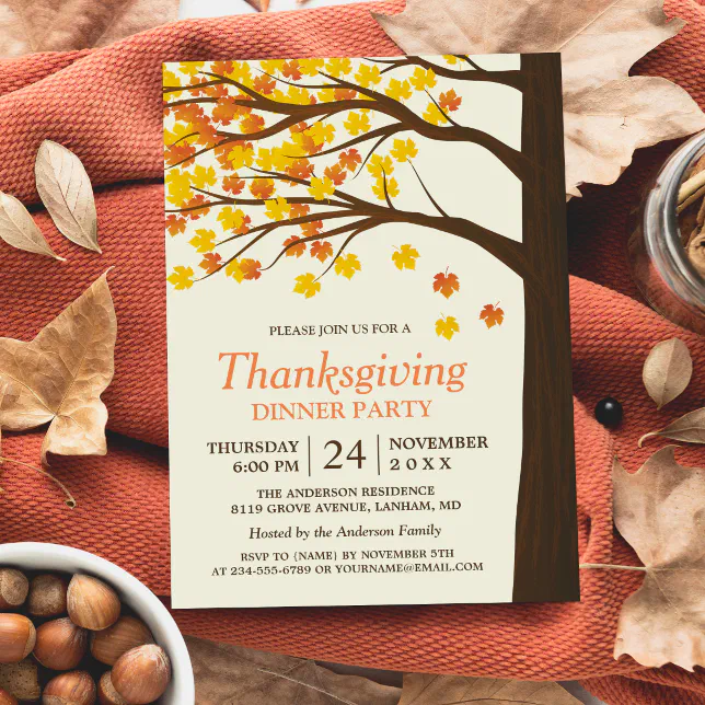 Thanksgiving Dinner Party Maple Leaves Autumn Tree Invitation | Zazzle